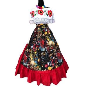 Mexican apron frida style day of the dead  tie back